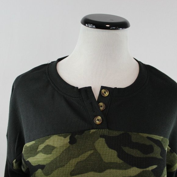 No Boundaries Juniors' Colorblock Top Long Sleeve Tie Waist Waffle Knit  Green - Picture 2 of 6